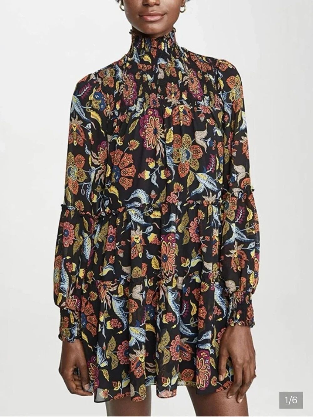 cinq a sept Black Multicolor Smocked Floral Top